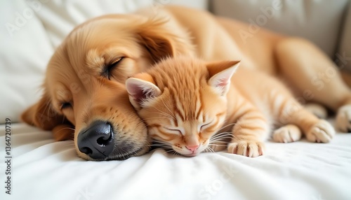 Wallpaper Mural Dog and Cat Sleeping Together Peacefully on Bed in Cozy Home Torontodigital.ca