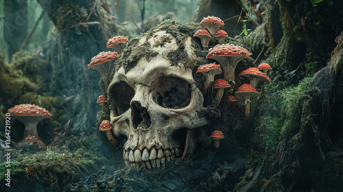 Dark academia illustration trippy skull with magic mushrooms growing out of it isolated on black background smile, copy space shrooms psychedelic hallucinogenic heroic dose party micro dose,