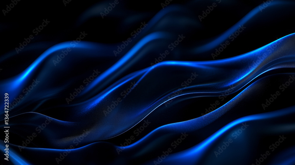 Obraz premium Blue abstract curved wavy lines gracefully flow across a black background, creating a striking and fluid design.