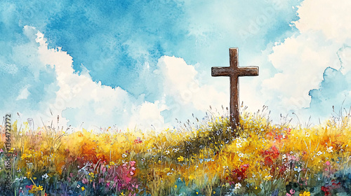 watercolor illustration of wooden cross in wildflower field under bright sky, christian landscape art symbolizing peace, renewal, faith, and divine presence in vibrant nature