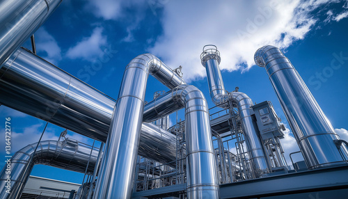 Shiny Industrial Pipes, Metal Tubes, Plant, Sky, Clean Energy, Modern Technology, Reflective Surface