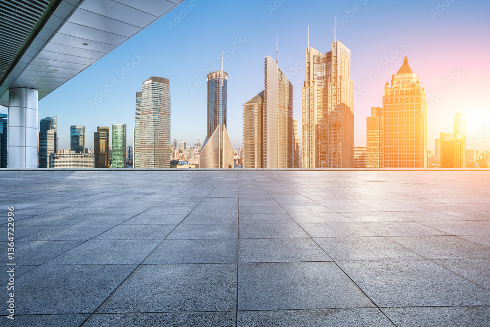 Empty square platform and modern urban commercial buildings in Shanghai