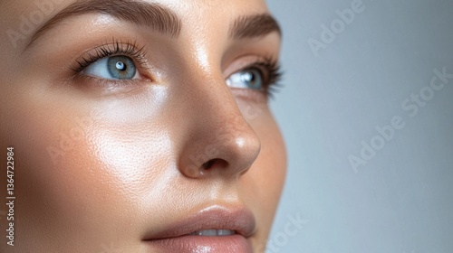 A womana??s face glowing after a medical face treatment smooth skin texture ultra-HD macro close-up emphasizing hydration and rejuvenation.