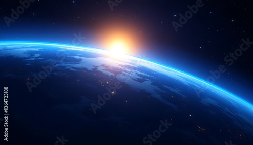 Earth From Space Sunrise View Showing City Lights and Atmosphere