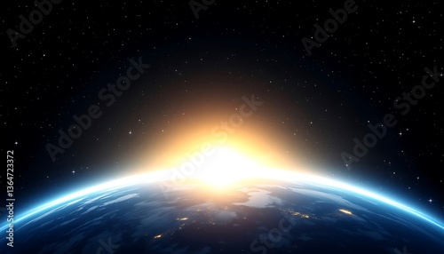 Earth View From Space at Sunrise with City Lights Glowing