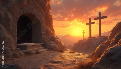 Empty Tomb and Three Crosses on Calvary Hill at Sunset