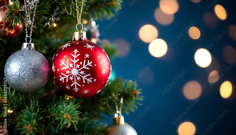 Fototapeta premium Festive Christmas Tree Decorated with Ornaments and Sparkling Lights Backdrop
