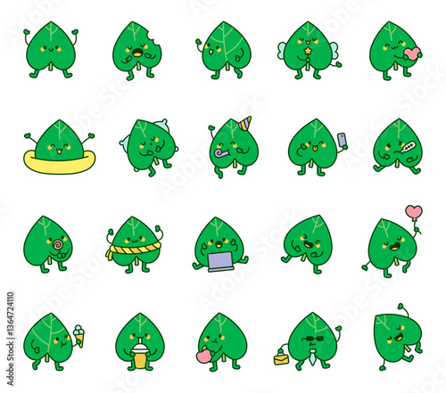 Linden leaf character set featuring adorable expressions, joyful emotions, delicious food, refreshing drinks, relaxing moments, and charming interactions in a cute cartoon style