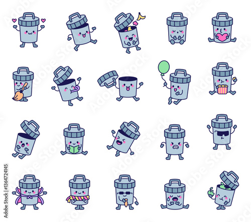 Trash can set featuring adorable kawaii characters with various emotions, accessories, and activities, including heartwarming, funny, and everyday situations in a charming cartoon style