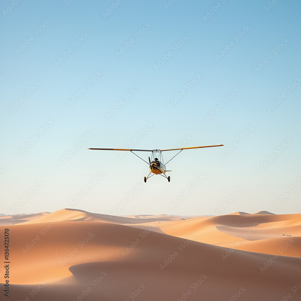 An ultralight aircraft can be seen flying over the sands of Namibia An ultralight aircraft can be seen flying over the sands of Namibia