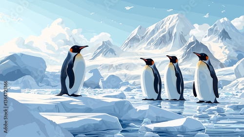 Penguins in Antarctica on the ice. Arctic ice landscape.