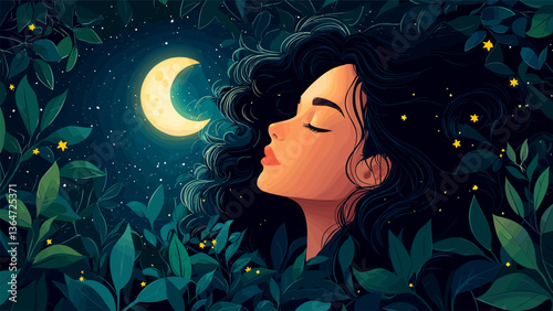 Girl in the night. Dreamy female cartoon vector concepts.