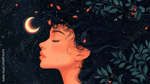 Girl in the night. Dreamy female cartoon vector concepts.
