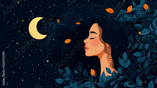 Girl in the night. Dreamy female cartoon vector concepts.
