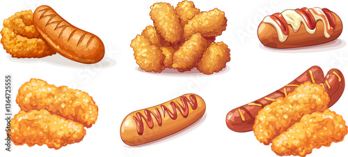 Hotdog and grill chips. Fast food products set. 