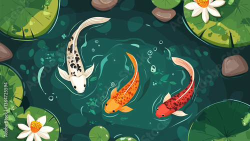 Gold fishes with water lilies in the pond. Japanese colorful koi fish swimming in a pond.