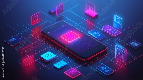 Wallpaper Mural A vibrant smartphone with a futuristic holographic interface displaying various app icons, symbolizing digital connection and innovation Torontodigital.ca