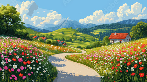 Landscape with flowers and mountains. Field with flowers. Rural scene.
