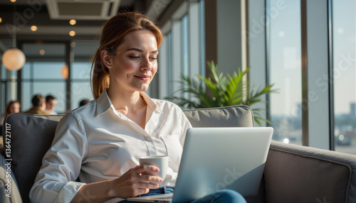 Woman enjoying coffee and working on laptop in VIP lounge at the airport  