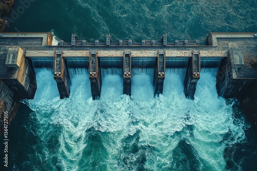 An aerial view of a dam with flowing water demonstrates the power of hydropower in energy production. The structure showcases engineering and environmental interaction.