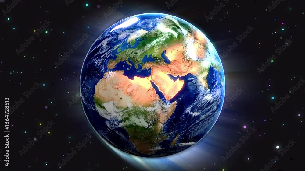 Animación de la Tierra y la galaxia espacial: la Tierra se acerca y se expande, luego se aleja y vuelve lentamente al tamaño inicial de la Tierra.