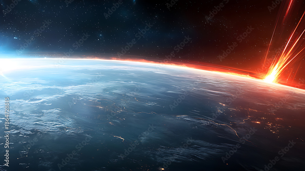 Asteroid impact event over earth outer space digital art sci-fi aerial perspective catastrophic concept Asteroid impact event over earth outer space digital art sci-fi aerial perspective catastrophic concept