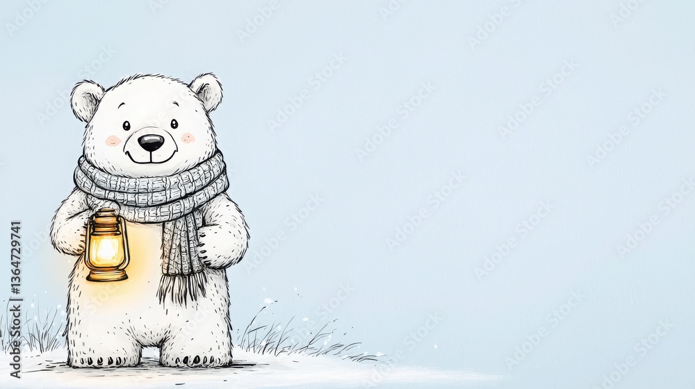 Fototapeta premium Whimsical illustration of a polar bear holding a lantern in its paws in a snowy landscape