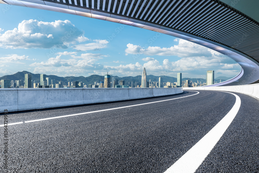 Asphalt road and bridge with modern city buildings scenery in Shenzhen