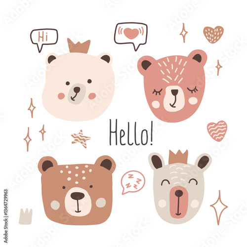Cute hand drawn bear faces set with speech bubbles and decorative elements in pastel tones. Vector illustration