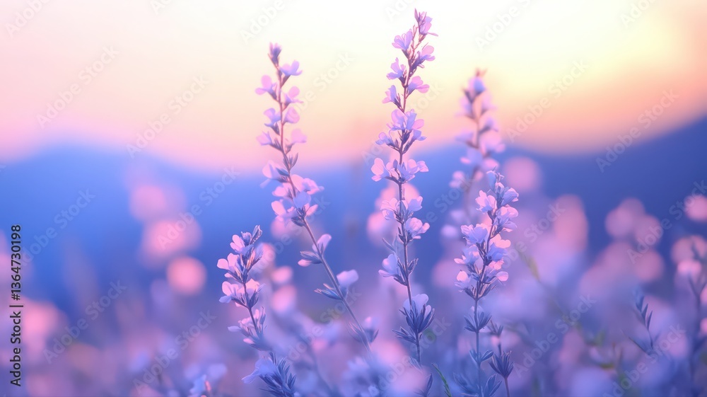 Obraz premium Pastel Purple Flowers at Sunset Field