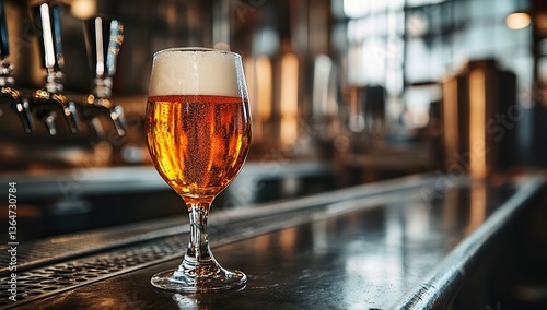 A glass of beer on the bar in an industrial-style pub, with a long shot of a busy production line visible through large windows in the background. The focus is sharp and detailed, 