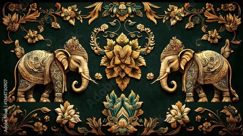 Decorative elephant artwork, vibrant colors with intricate patterns, showcases wildlife theme, perfect for interior decor.