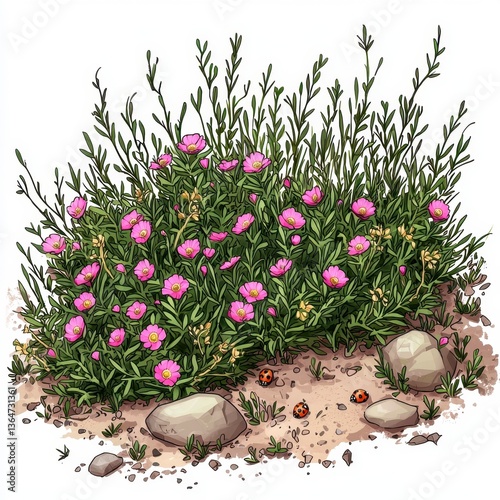 Vibrant Pink Portulacaria Afra Bush with Ladybugs in Sandy Habitat photo