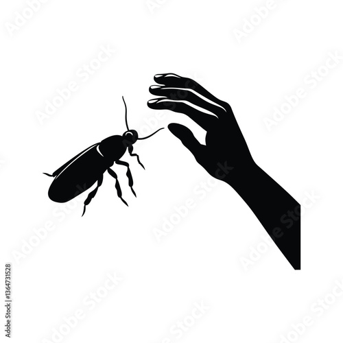 Hand catch cockroach vector silhouette clipart on a white background