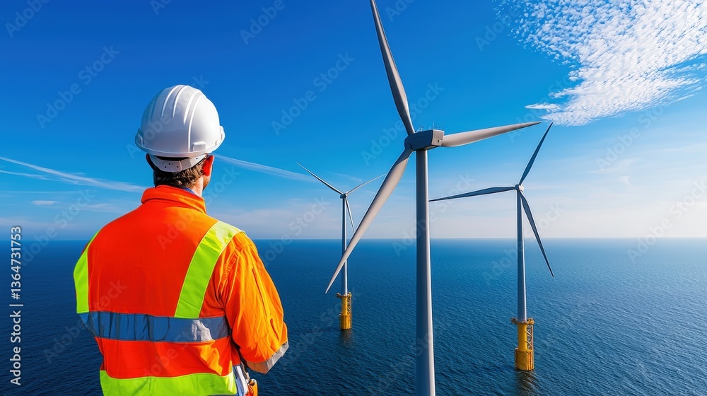 A worker in safety gear observes offshore wind turbines against a clear sky, highlighting renewable energy in action, Green Technology. A worker in safety gear observes offshore wind turbines against a clear sky, highlighting renewable energy in action, Green Technology.
