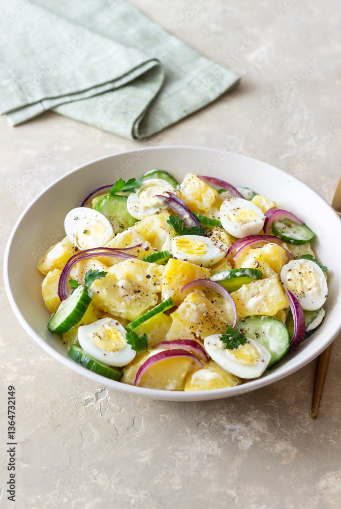 Salad with potatoes, cucumber, onion and eggs. Healthy food. Vegetarian food. Salad with potatoes, cucumber, onion and eggs. Healthy food. Vegetarian food.