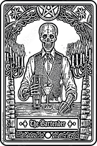 The Bartender of Death  Gothic Tarot Card Illustration