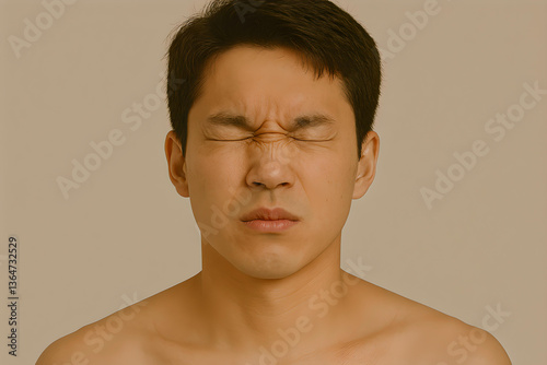 A young asian man is experiencing blepharospasm with her eyes tightly shut and facial muscles tensed.