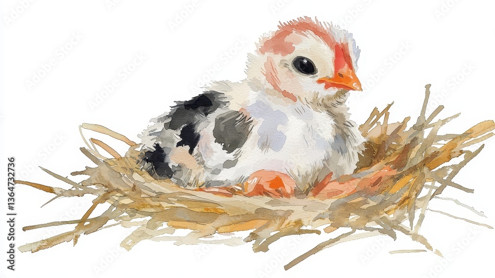 Obraz premium A young chick resting in a nest, showcasing its fluffy feathers and distinctive coloration.
