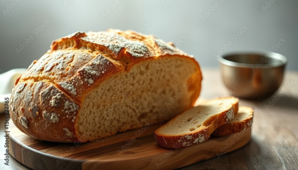 Artisan sourdough bread loaf displayed on a wooden cutting board. The crust shows a beautiful golden brown, with a few slices neatly cut next to the loaf, highlighting its texture. Artisan sourdough bread loaf displayed on a wooden cutting board. The crust shows a beautiful golden brown, with a few slices neatly cut next to the loaf, highlighting its texture.