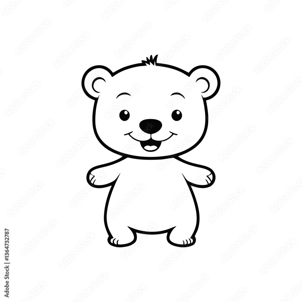 A black and white vector silhouette of a baby bear playfully lifting one paw while smiling on a white background A black and white vector silhouette of a baby bear playfully lifting one paw while smiling on a white background