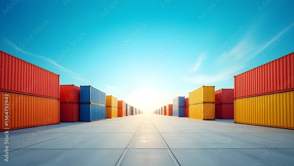 Fototapeta premium Global Commerce in Motion: Stacked Containers Under a Clear Blue Sky