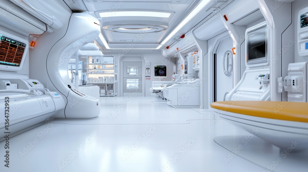Obraz premium Sleek and modern interior of a futuristic spacecraft featuring a clean geometric design with a central control panel digital interfaces and minimalist lighting elements