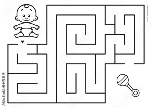 Vector black line printable maze. Format A4. Coloring book educational maze with little baby looking for a rattle.