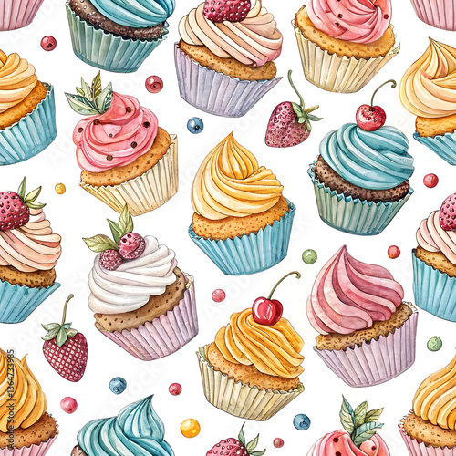 Seamless Hand-Drawn Pattern of Cute Cupcakes. Perfect for: Birthday parties, bakery branding, dessert-themed products