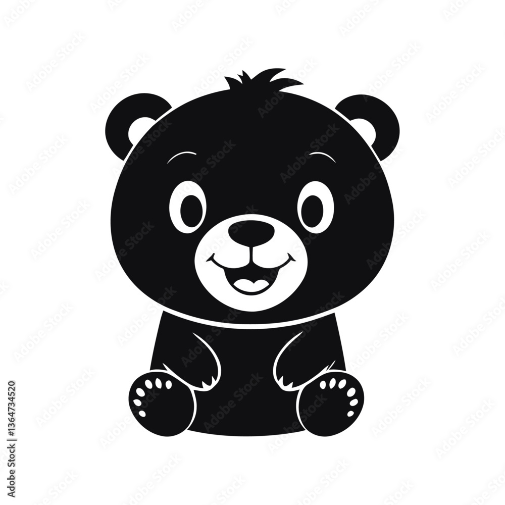 Fototapeta premium A black and white vector silhouette of a baby bear playfully rolling on its back with a joyful expression on a white background