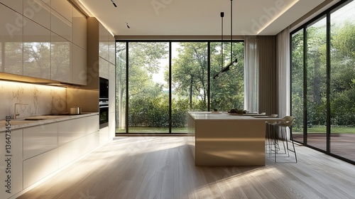 Empty Beige Wall in a Modern Kitchen Next to Large Windows with Natural Light