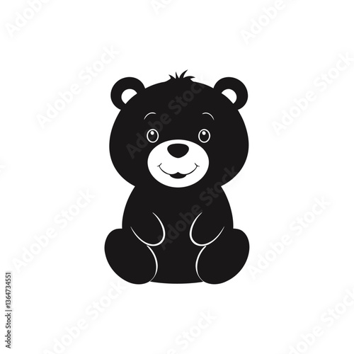A minimalistic black and white vector illustration of a baby bear standing on its hind legs with a friendly smile on a clean white background