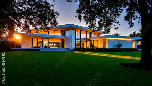 The modern individual residential house is surrounded by a well-groomed beautiful lawn