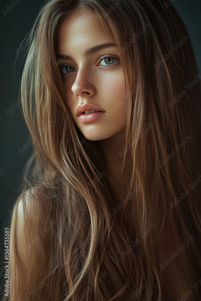 Fototapeta premium Portrait of a Captivating Woman: A stunning portrait capturing the beauty and poise of a young woman with flowing, wavy hair.